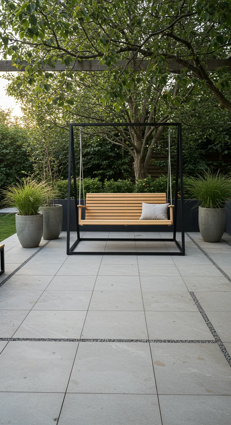 Moderne houten schommelbank met zwart metalen frame in minimalistische tuin.
