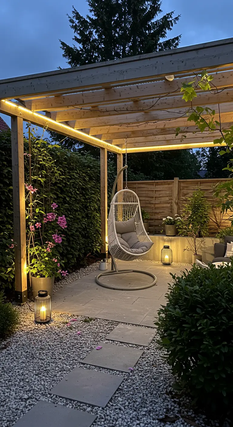 Moderne houten pergola met LED-strips, witte rotan hangstoel, lantaarns en klimplanten.