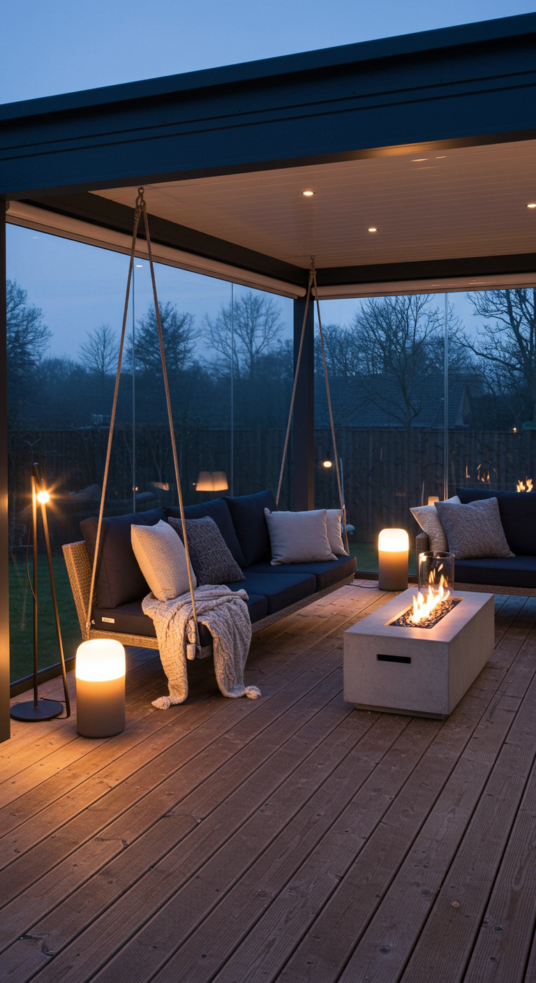 Moderne hangbank onder overkapping met glazen wanden, vuurtafel en design sfeerlampen.