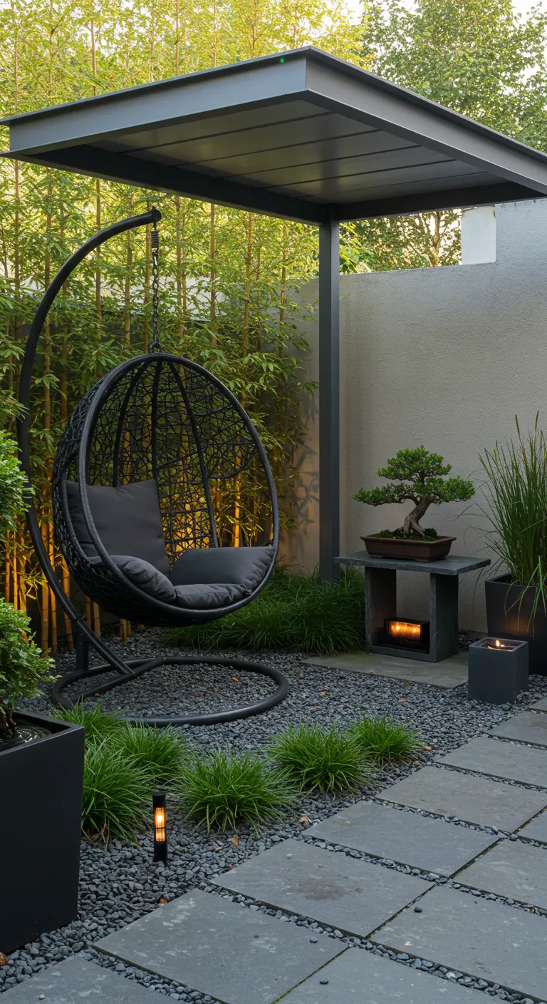 Moderne zwarte hangstoel met standaard in strakke tuin met bonsai en siergrassen.