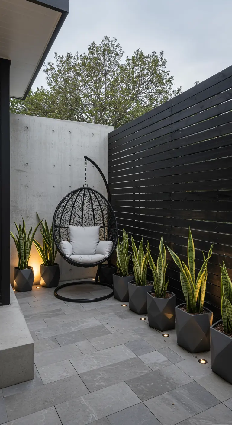 Moderne patio met zwarte hangstoel, betonnen muur, donkere schutting en sansevieria's.