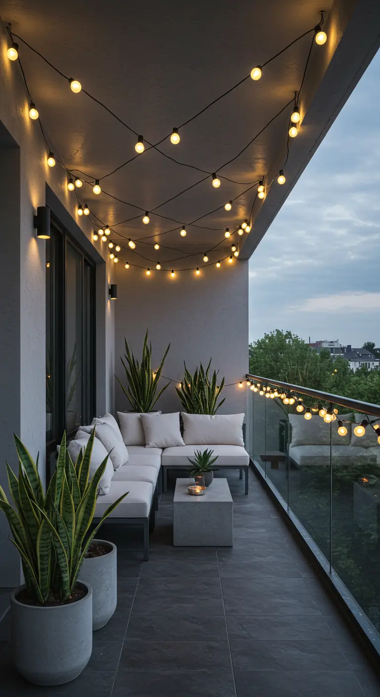 Modern balkon met witte loungebank, gestructureerde planten en lichtslingers aan het plafond.