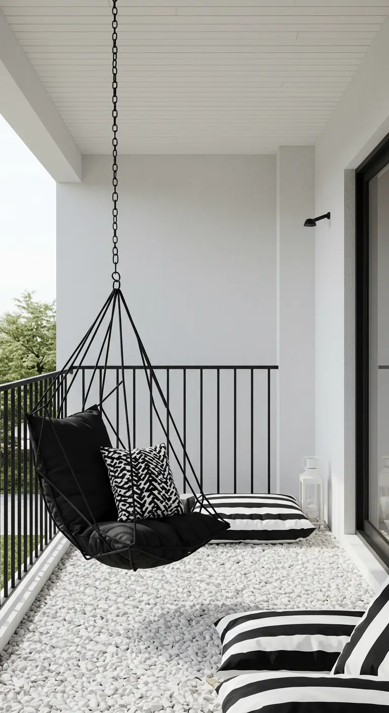 Strak, modern balkon met zwarte geometrische hangstoel en witte kiezels.