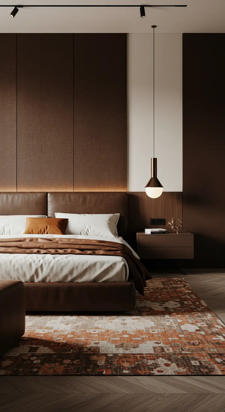 Moderne slaapkamer met donkerbruine panelenwand en leren hoofdbord.