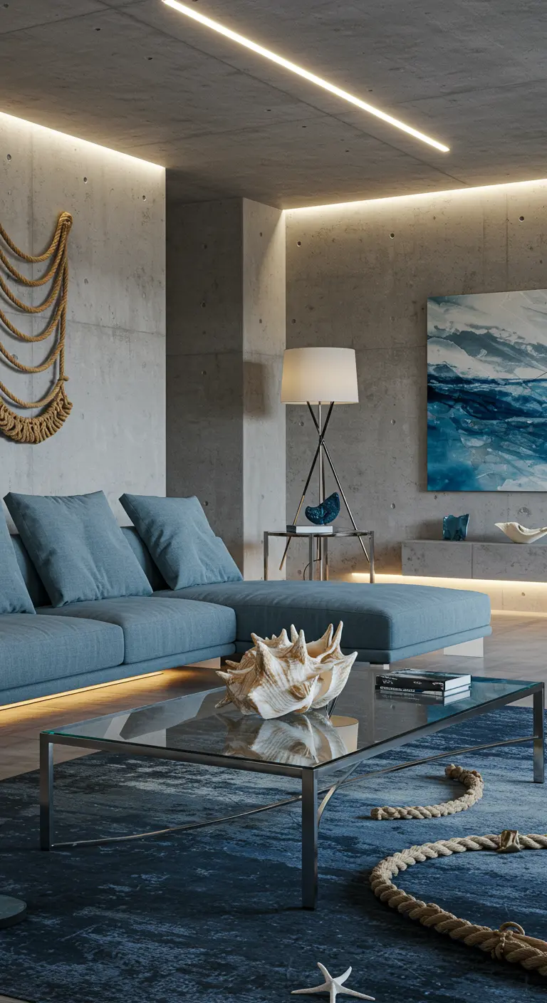 Moderne woonkamer met betonnen muren, blauwe bank, glazen tafel en touwkunst.