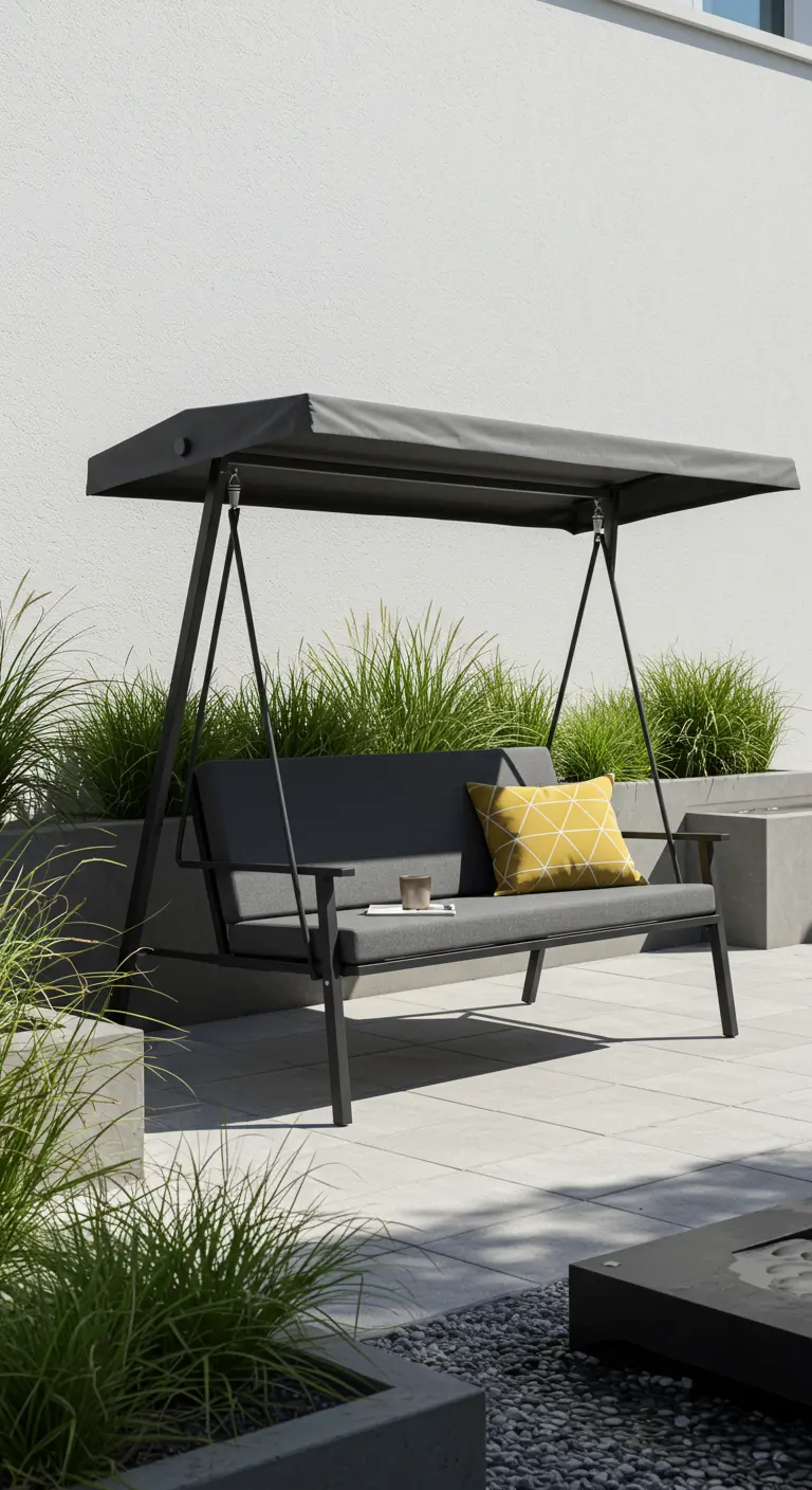 Moderne donkergrijze schommelbank met gele kussens en luifel op een strak terras.