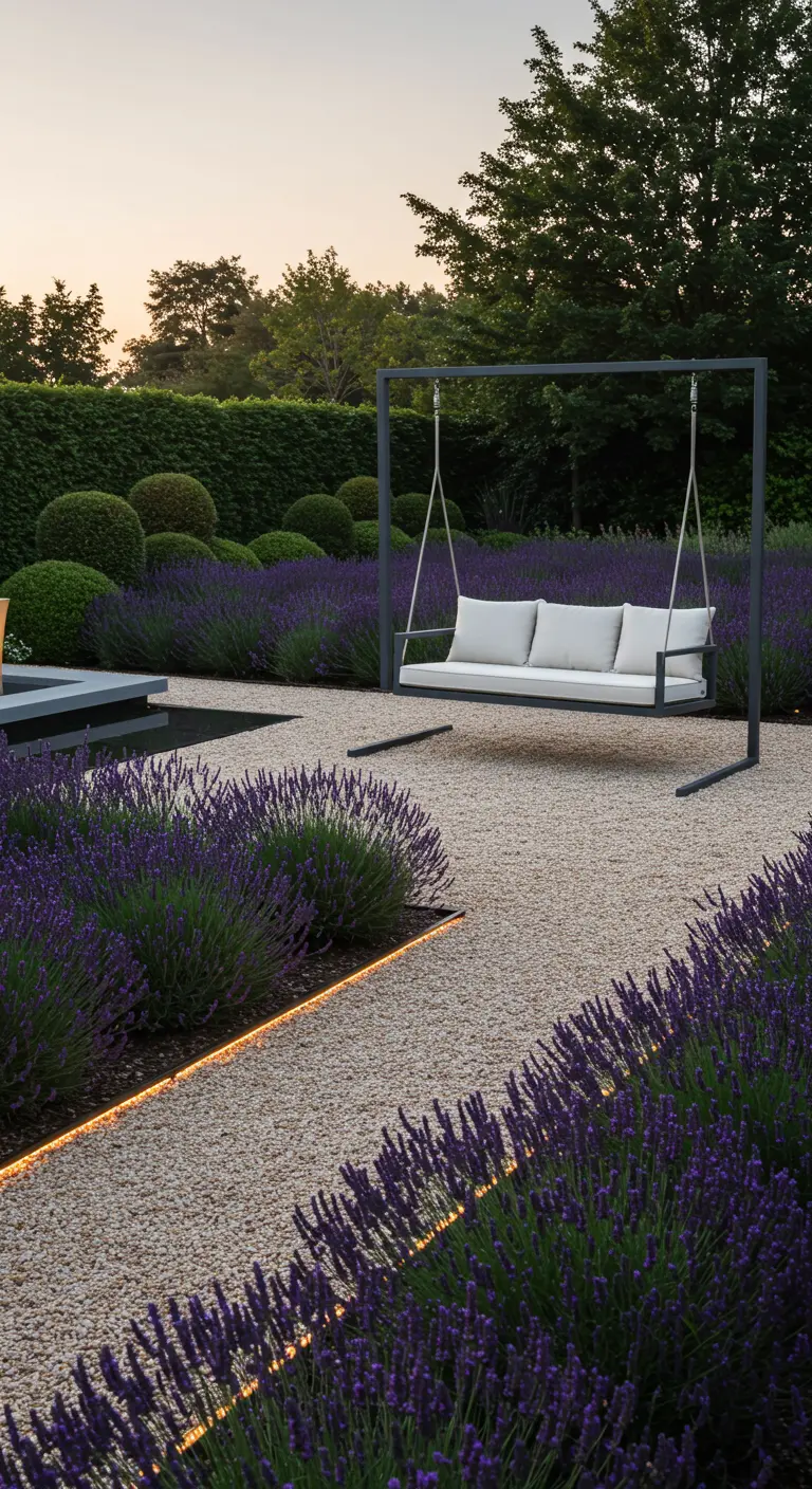 Moderne donkergrijze schommelbank op grindpad met LED-verlichting en lavendel in de schemering.