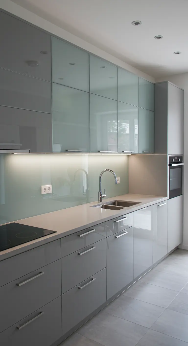Moderne grijze keuken met glazen bovenkasten en strakke onderverlichting.