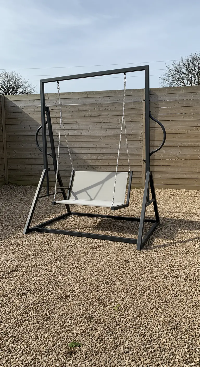 Zwarte metalen schommelbank op standaard in een tuin met grind.