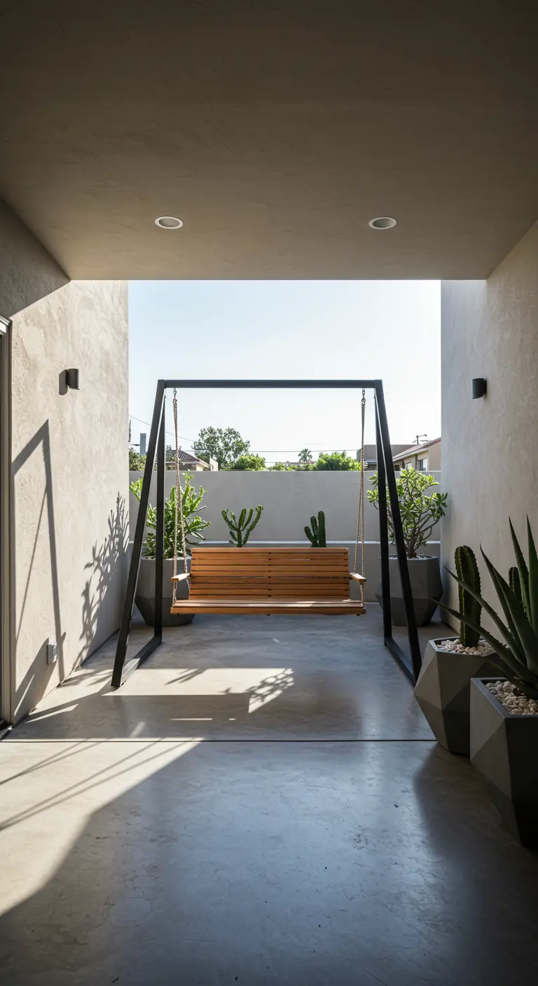 Moderne houten schommelbank in strak zwart metalen frame onder overkapping.