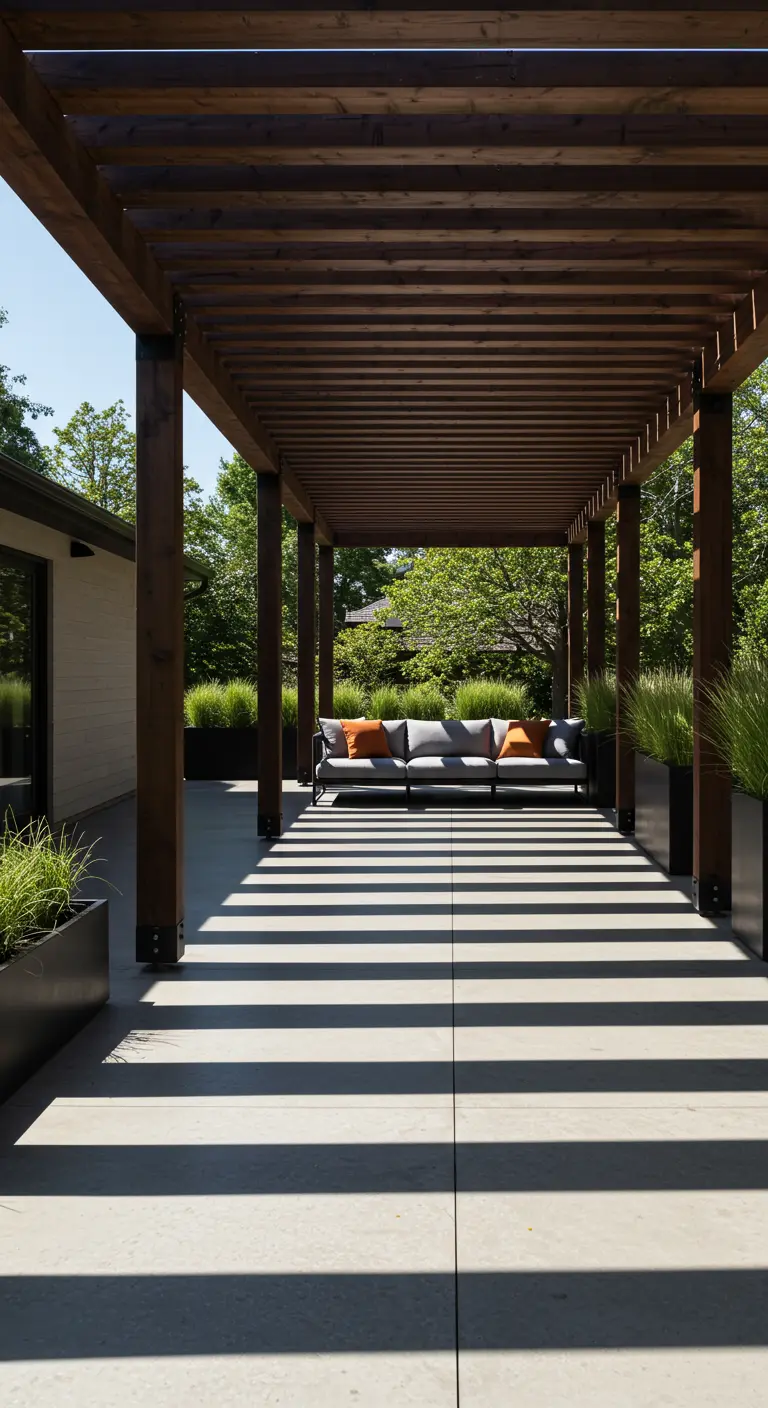 Moderne donkerhouten pergola boven een loungebank, creëert strakke schaduwstrepen op de tegels.