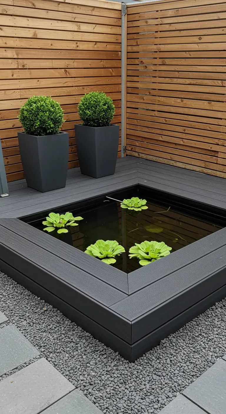 Zwarte vierkante vijver met groene waterplanten, verzonken in grijze composiet vlonder.