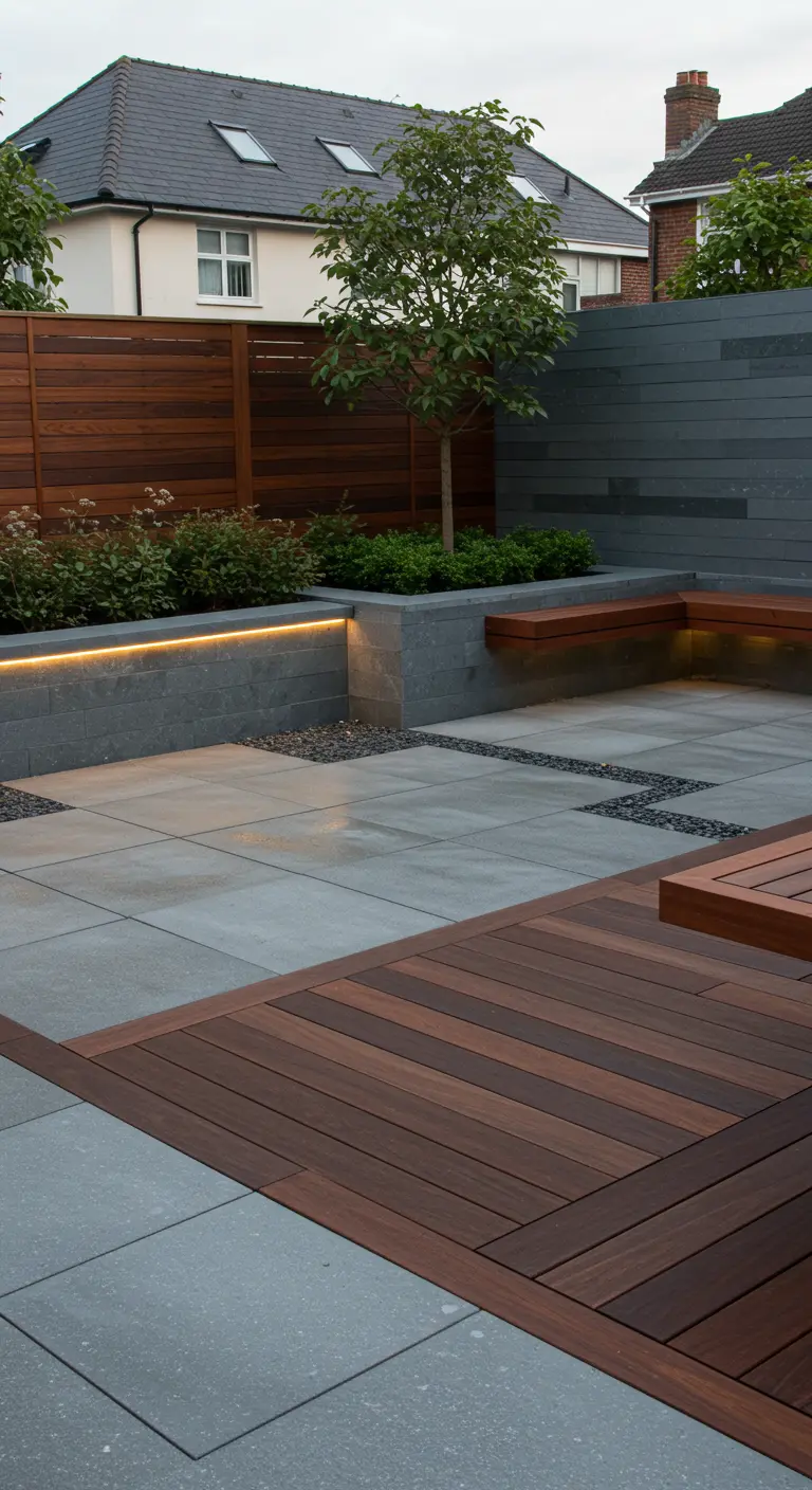 Moderne tuin met donkerhouten schutting, stenen muur, grijze tegels en houten vlonder.