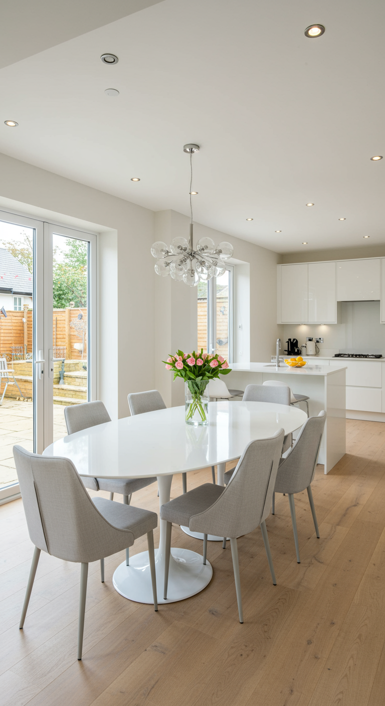 Moderne, lichte keuken met witte ovale eettafel en grijze stoelen.