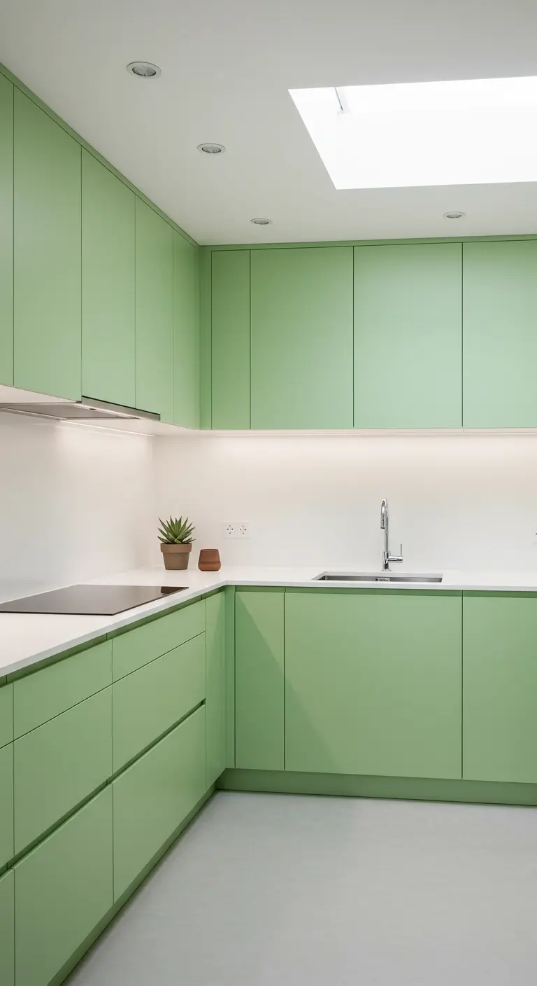 Strakke, moderne keuken met mintgroene kasten en witte werkbladen.