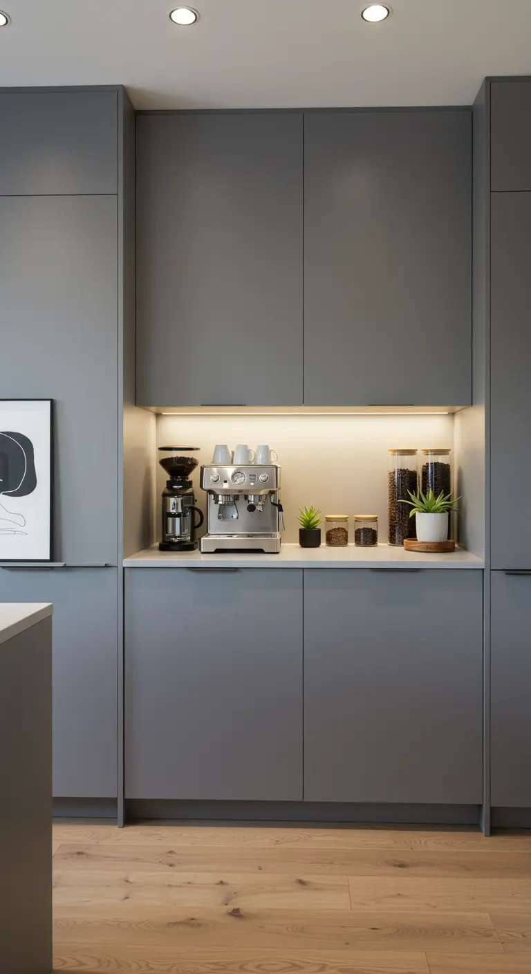 Moderne grijze keuken met ingebouwde koffienis, LED-verlichting en koffiemachine.