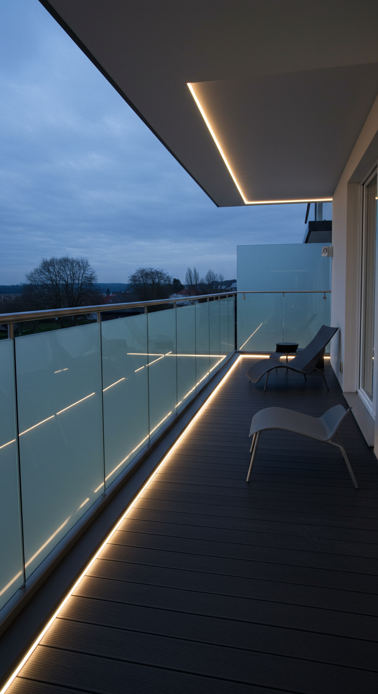 Modern balkon met strakke LED-lichtlijnen langs de vloer en het plafond.