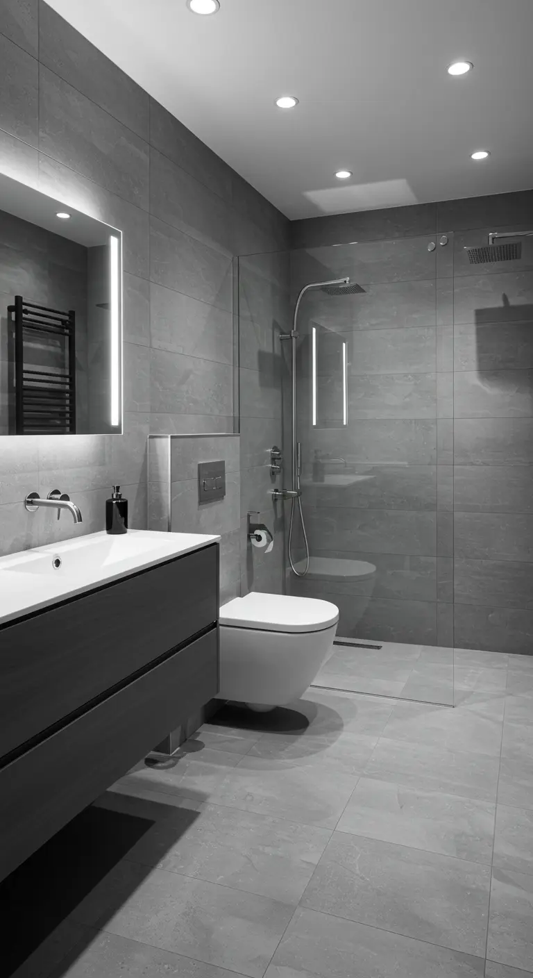 Moderne grijze badkamer met wit hangtoilet en donkergrijs wastafelmeubel.