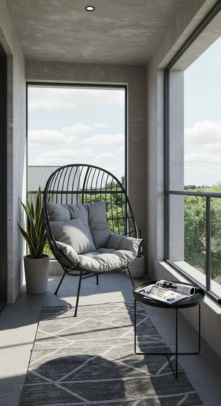 Moderne zwarte metalen hangstoel op betonnen balkon met grijs kussen en grafisch kleed.