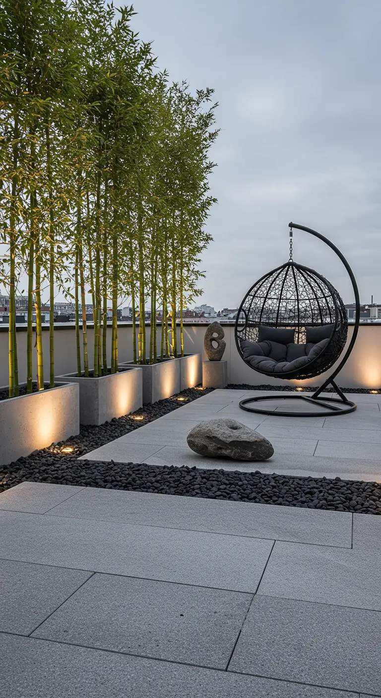 Zwarte egg chair op modern dakterras met bamboe in betonnen bakken en uplights.