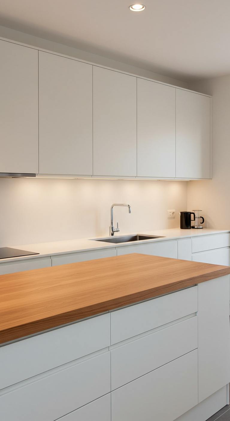 Strakke witte greeploze keuken met licht houten werkblad op eiland.