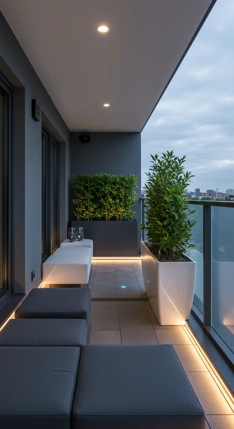 Modern balkon met donkere loungebank, witte plantenbakken en LED-verlichting.
