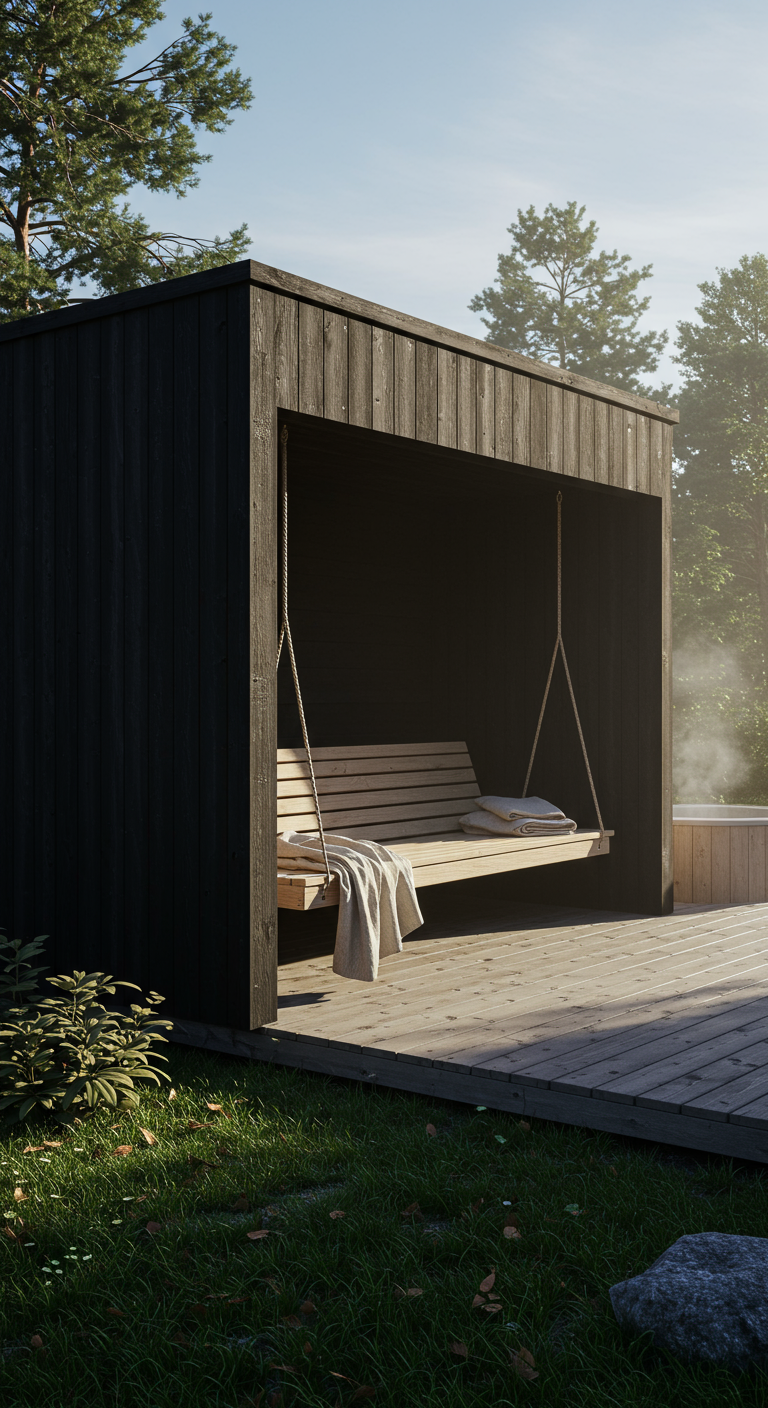 Modern zwart houten tuinhuis met open voorkant en simpele schommelbank.