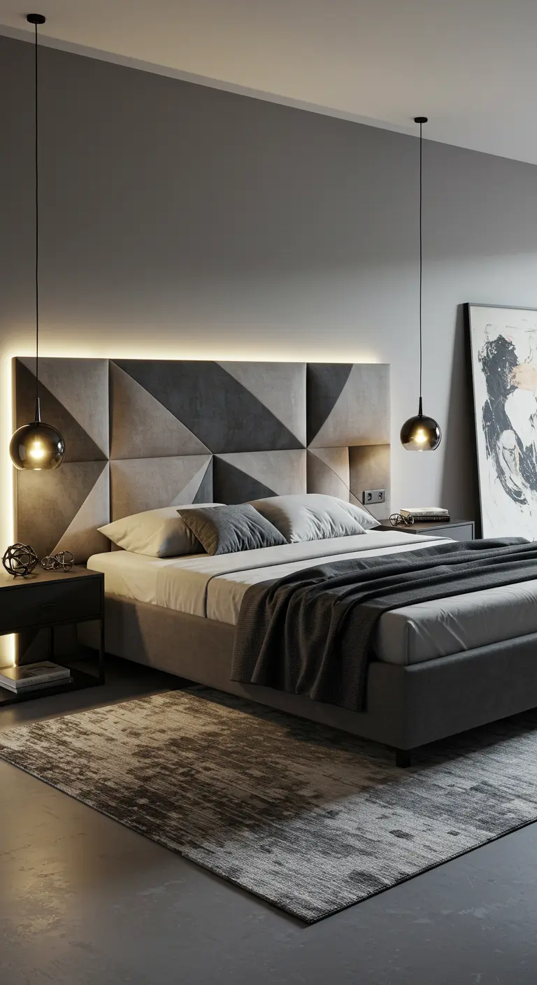 Modern bedframe met een gestoffeerd hoofdbord in geometrische vlakken van grijs en donkergrijs.