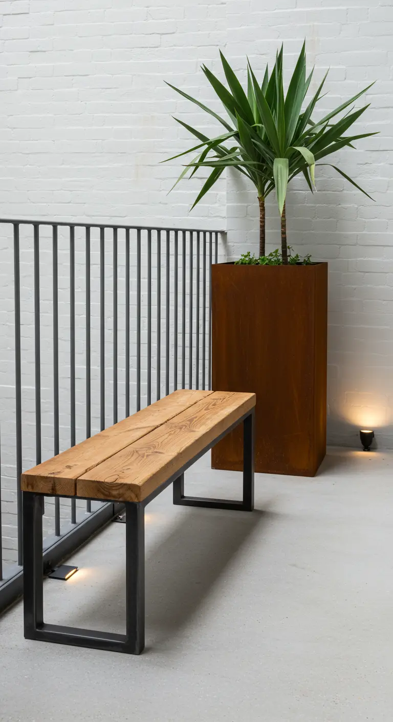 Houten bank met zwart metalen frame naast een cortenstaal plantenbak met yucca.