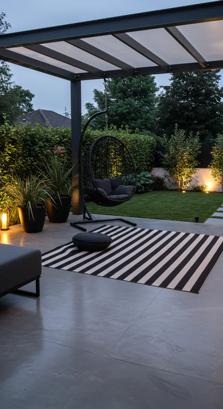 Zwarte hangstoel op modern terras met gestreept kleed en subtiele verlichting in de schemering.