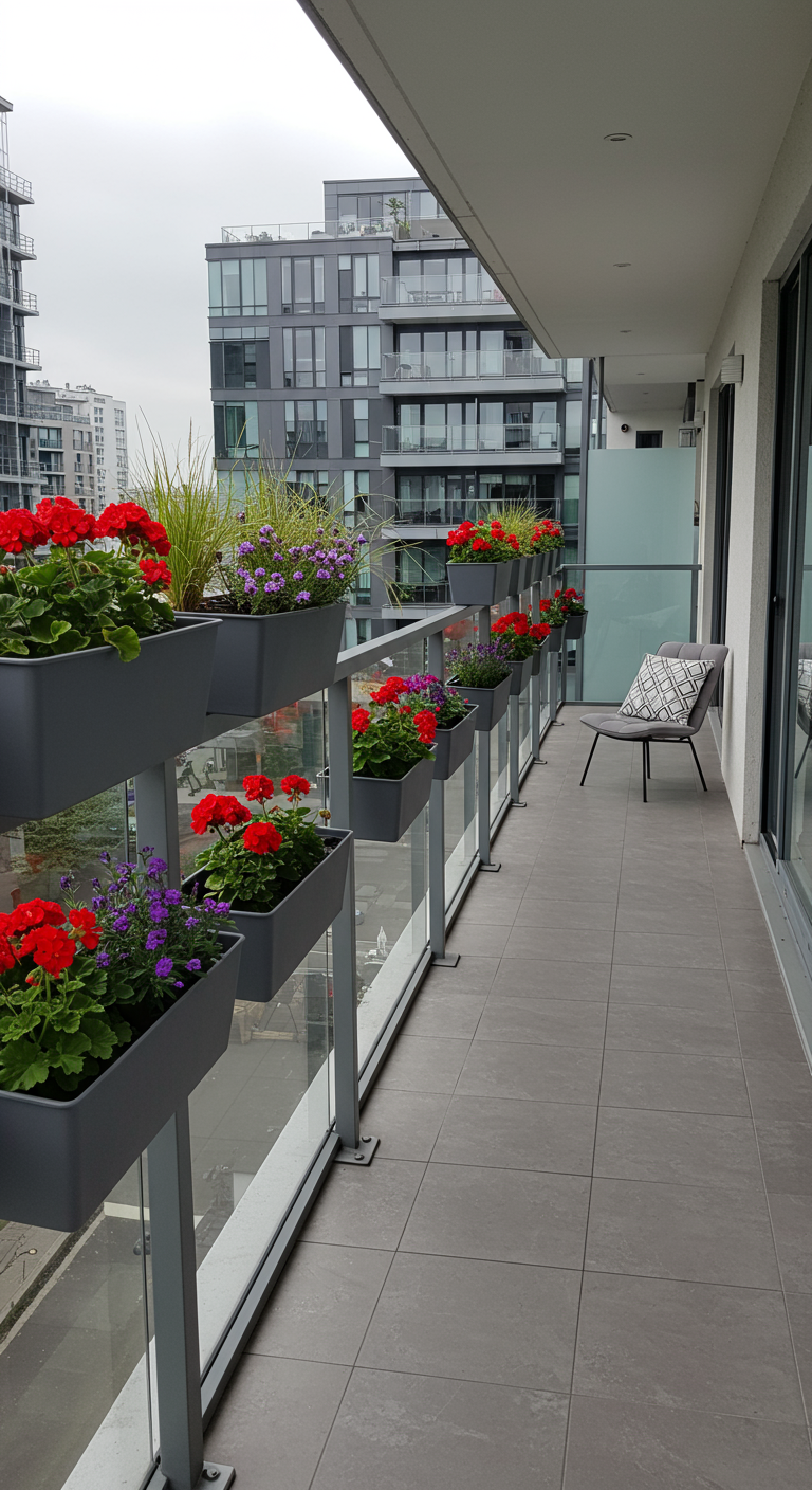 Modern balkon met grijze plantenbakken vol rode en paarse bloemen aan glazen reling.