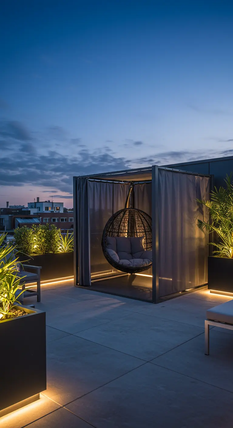 Moderne dakterras hangplek met grijze gordijnen, design hangstoel en sfeervolle verlichting.