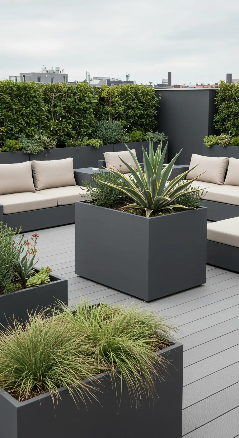Modern dakterras met grote, grijze plantenbakken met agaves, siergrassen en loungebanken.