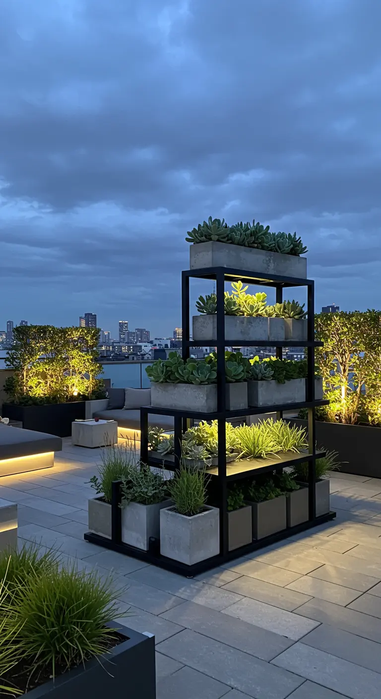 Modern dakterras met verlicht zwart metalen plantenrek en vetplanten in betonnen bakken.