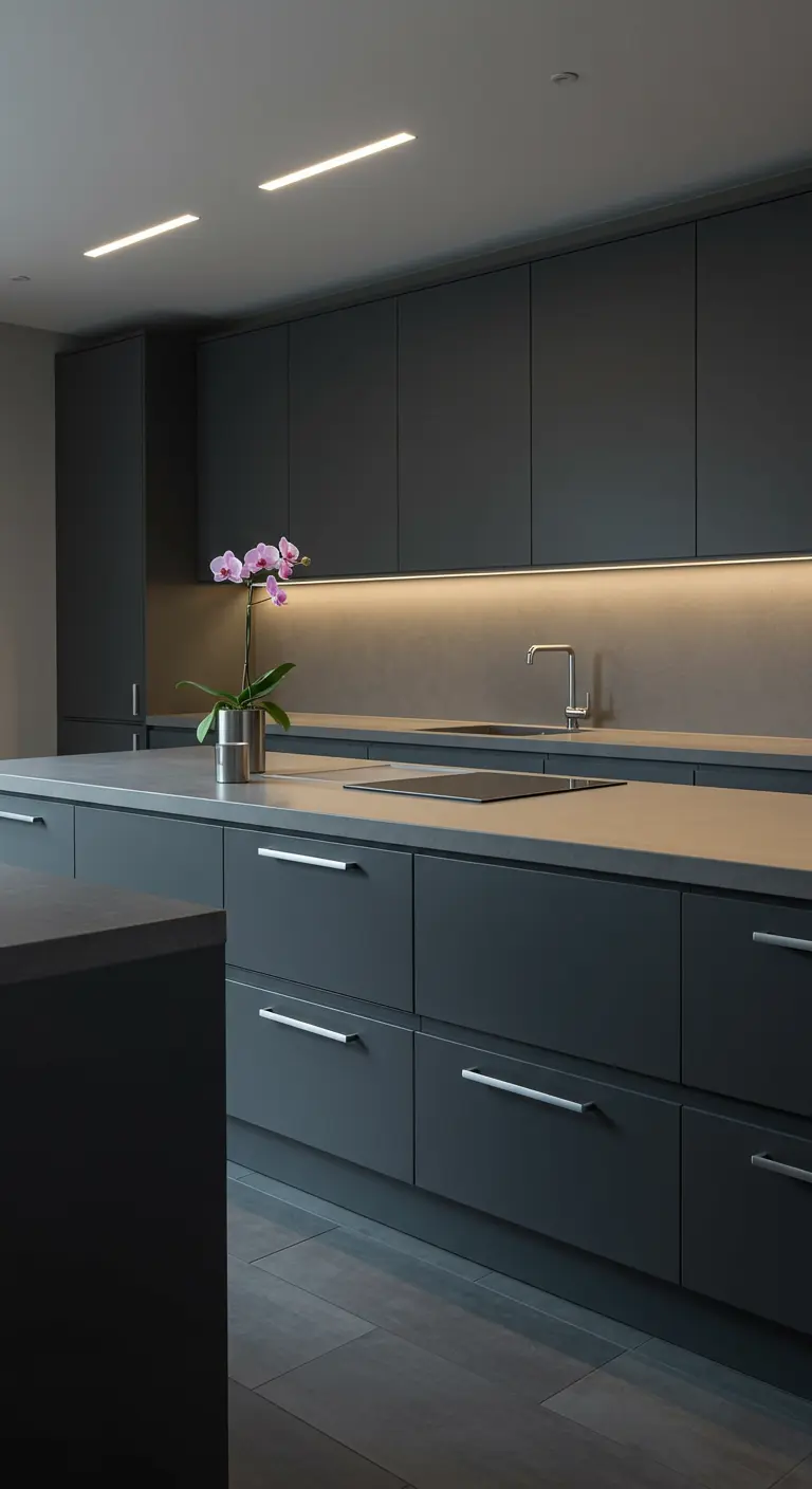 Donkergrijze moderne keuken met strakke zilverkleurige greeplijsten.