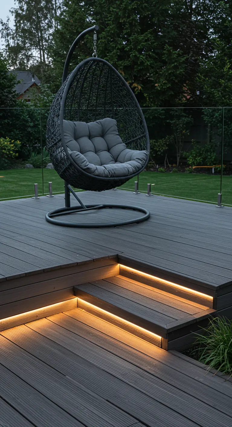 Zwarte eivormige hangstoel op een donker houten terras met LED-verlichting in de traptreden.
