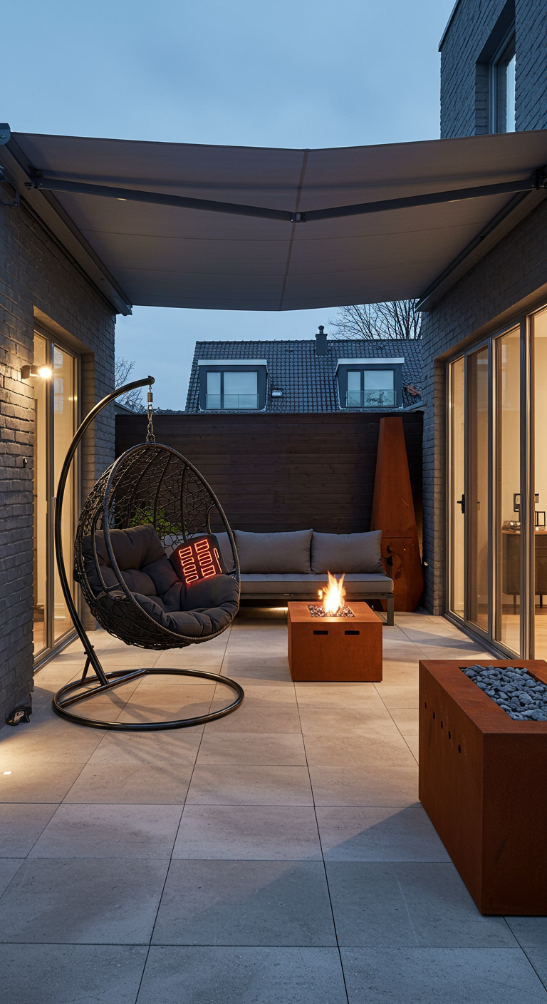 Moderne patio met donkere hangstoel, loungebank, vuurtafels en uitschuifbaar dak in de schemering.