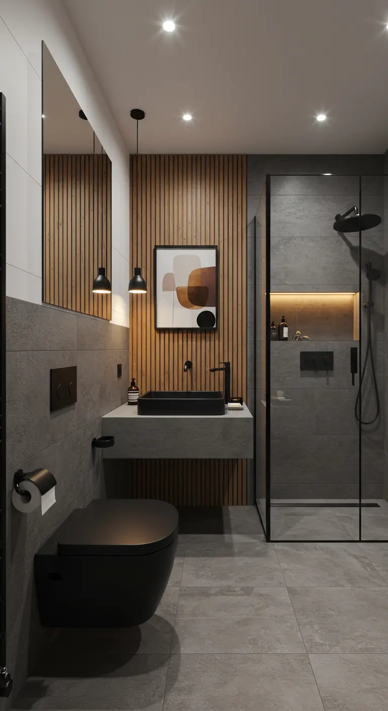 Moderne badkamer met matzwart toilet en waskom, houten lattenwand en grijze tegels.