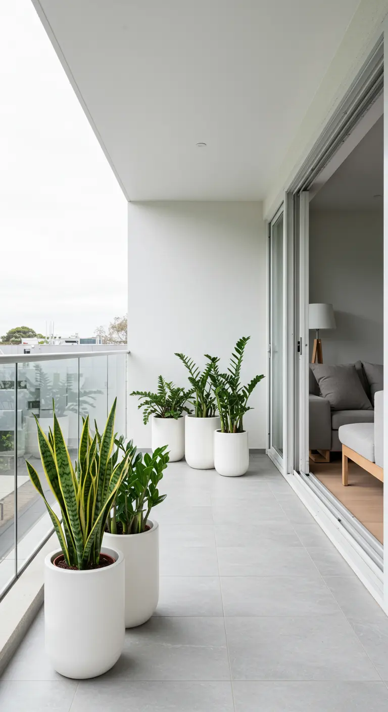 Sansevieria planten in moderne, witte cilindervormige potten op een strak betegeld balkon.