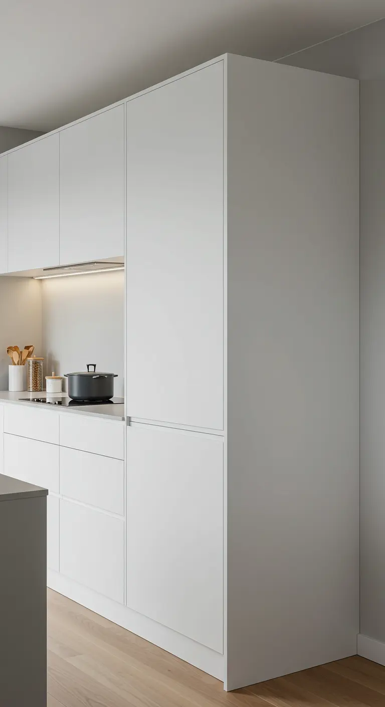 Moderne, hoge witte voorraadkast, naadloos geïntegreerd in een lichte keuken.