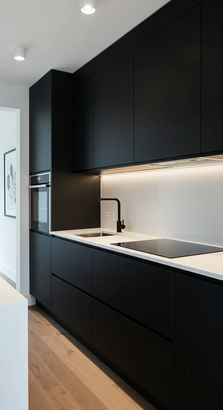 Moderne zwarte keuken met greeploze kasten en ingebouwde oven, bovenkasten tot plafond.