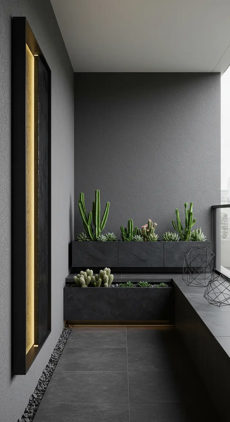 Minimalistisch balkon met zwarte plantenbakken vol cactussen, verlicht wandpaneel en metalen decor.