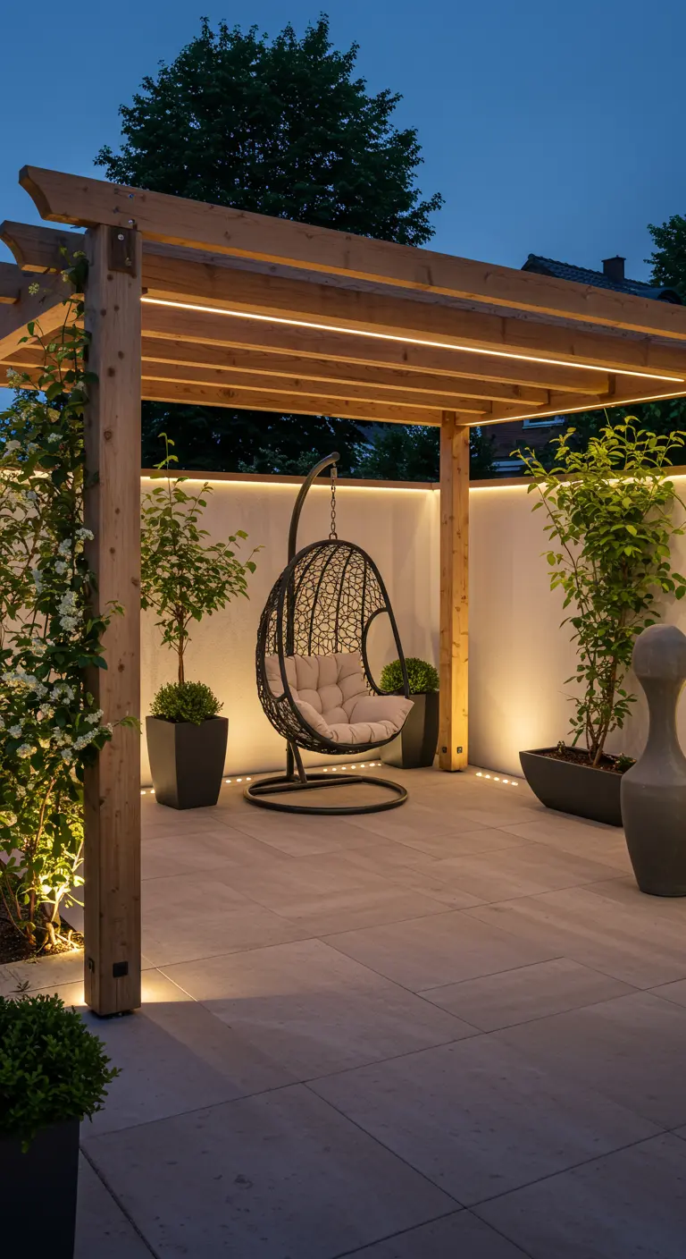 Moderne houten pergola met ingebouwde LED-verlichting en een zwarte hangstoel op een strak terras.