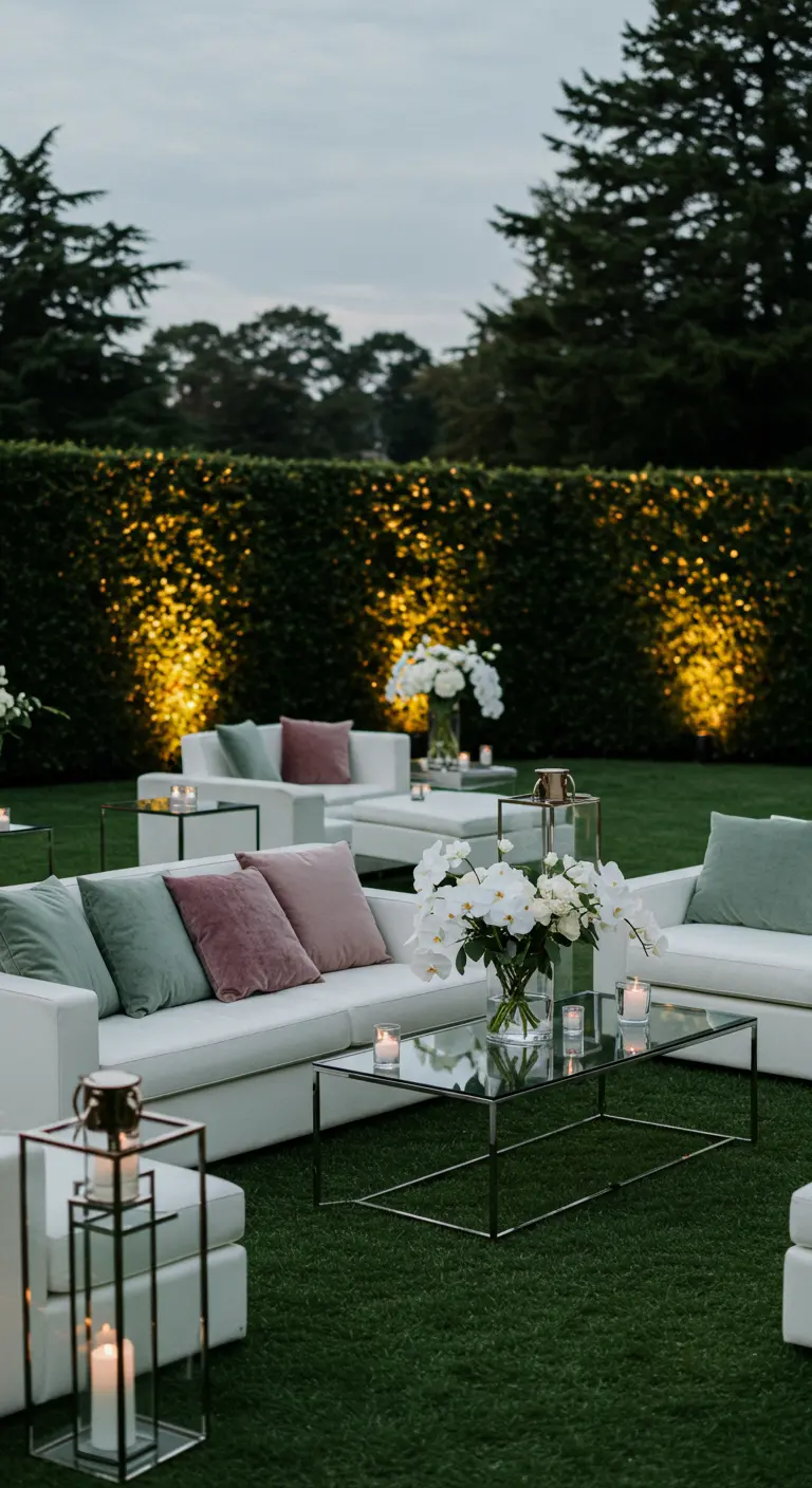 Moderne witte loungebanken met roze en groene kussens, glazen tafels en orchideeën.