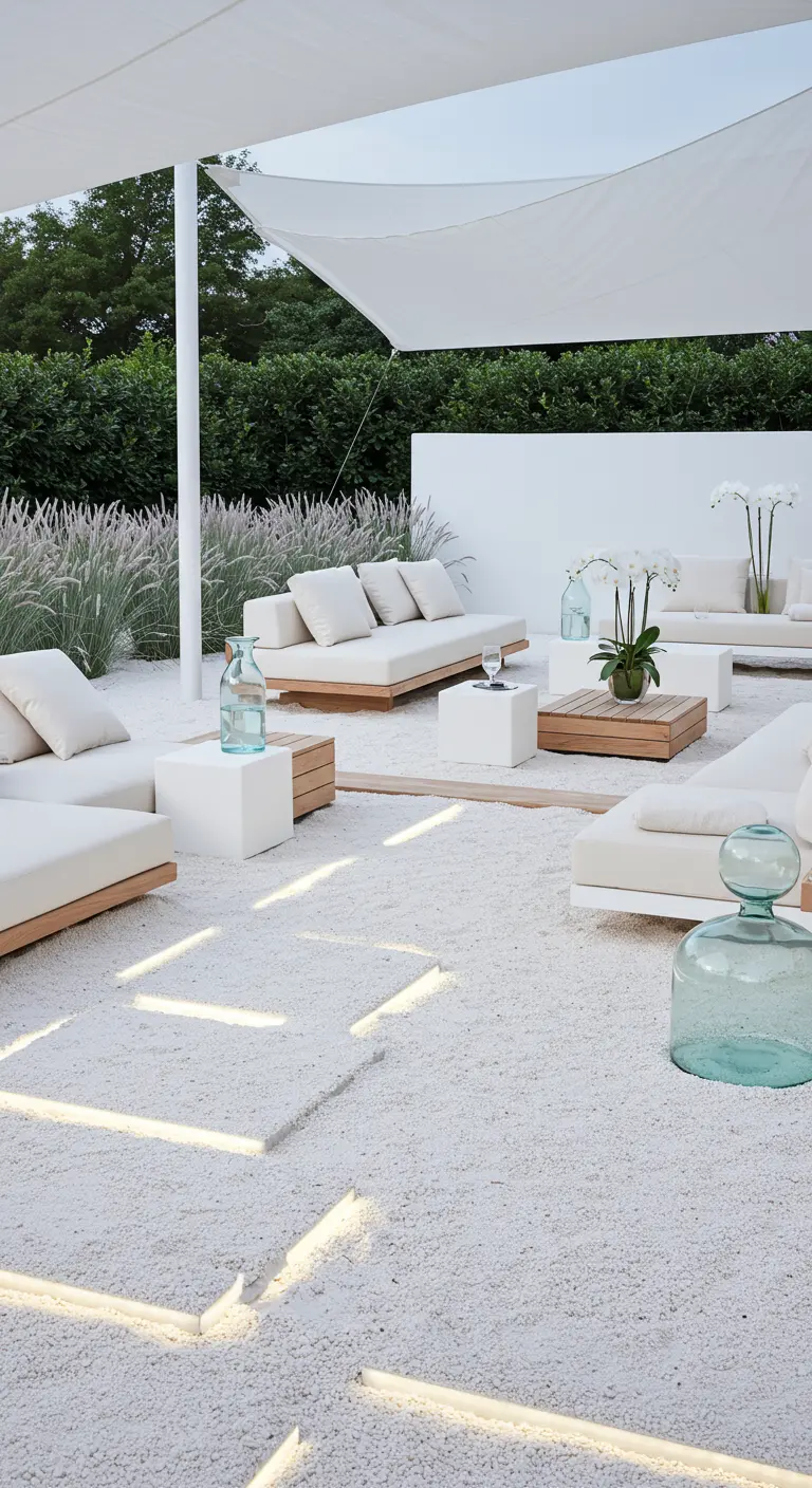 Minimalistische witte buitenlounge met lage meubels, wit grind en ingebouwde sfeerverlichting.