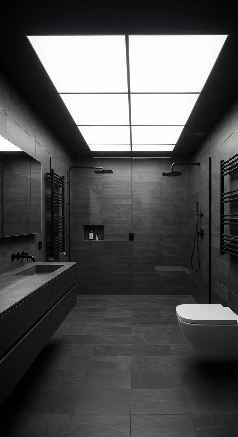 Badkamer met donkergrijs interieur en een verlicht roosterplafond.
