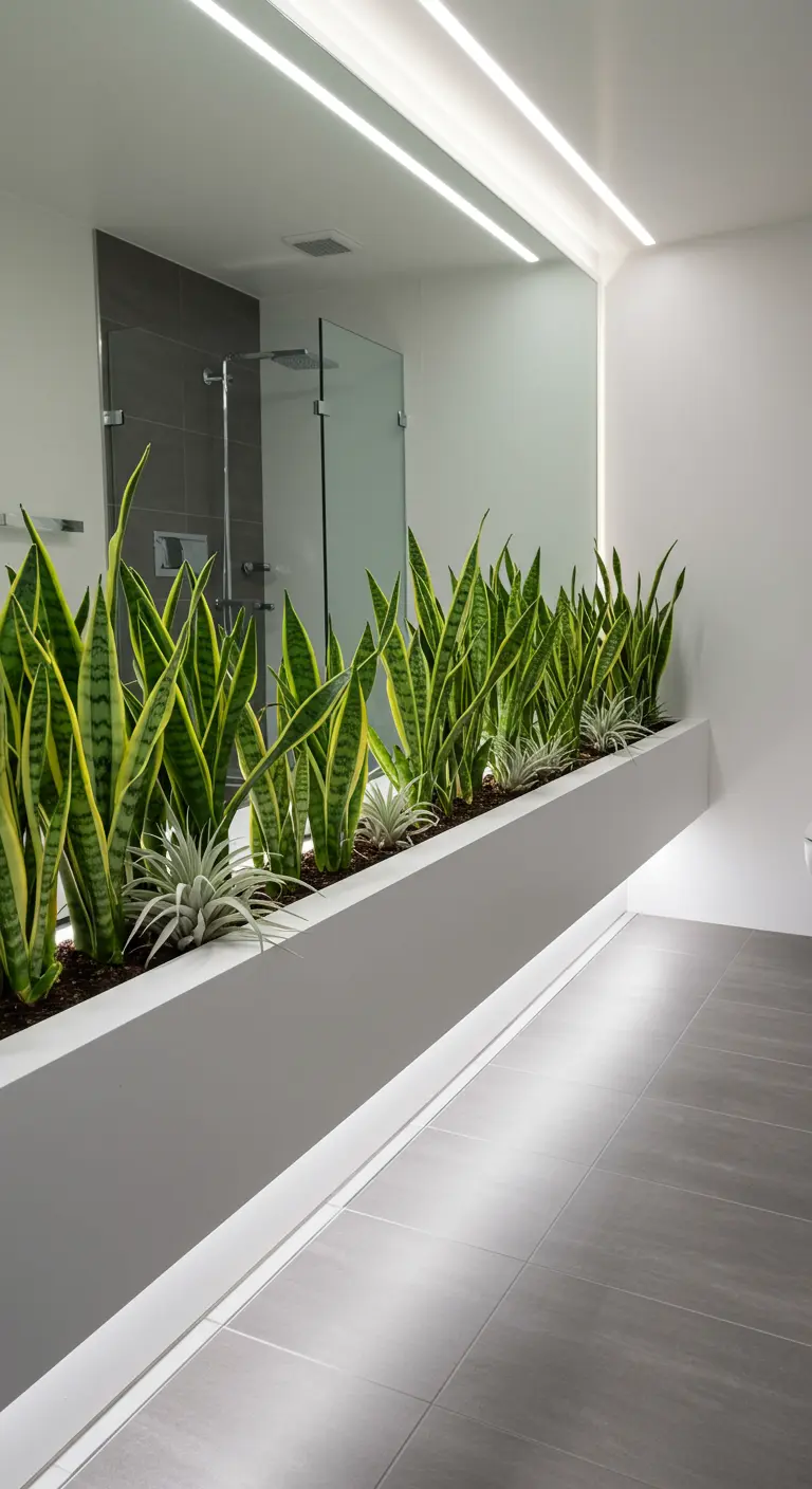 Moderne badkamer met lange witte plantenbak gevuld met Sansevieria planten
