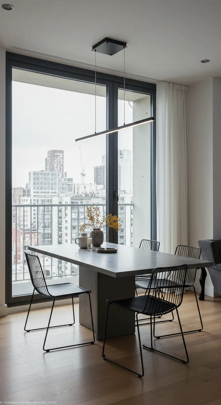 Slanke lineaire LED-hanglamp boven een moderne eettafel met uitzicht op de stad.
