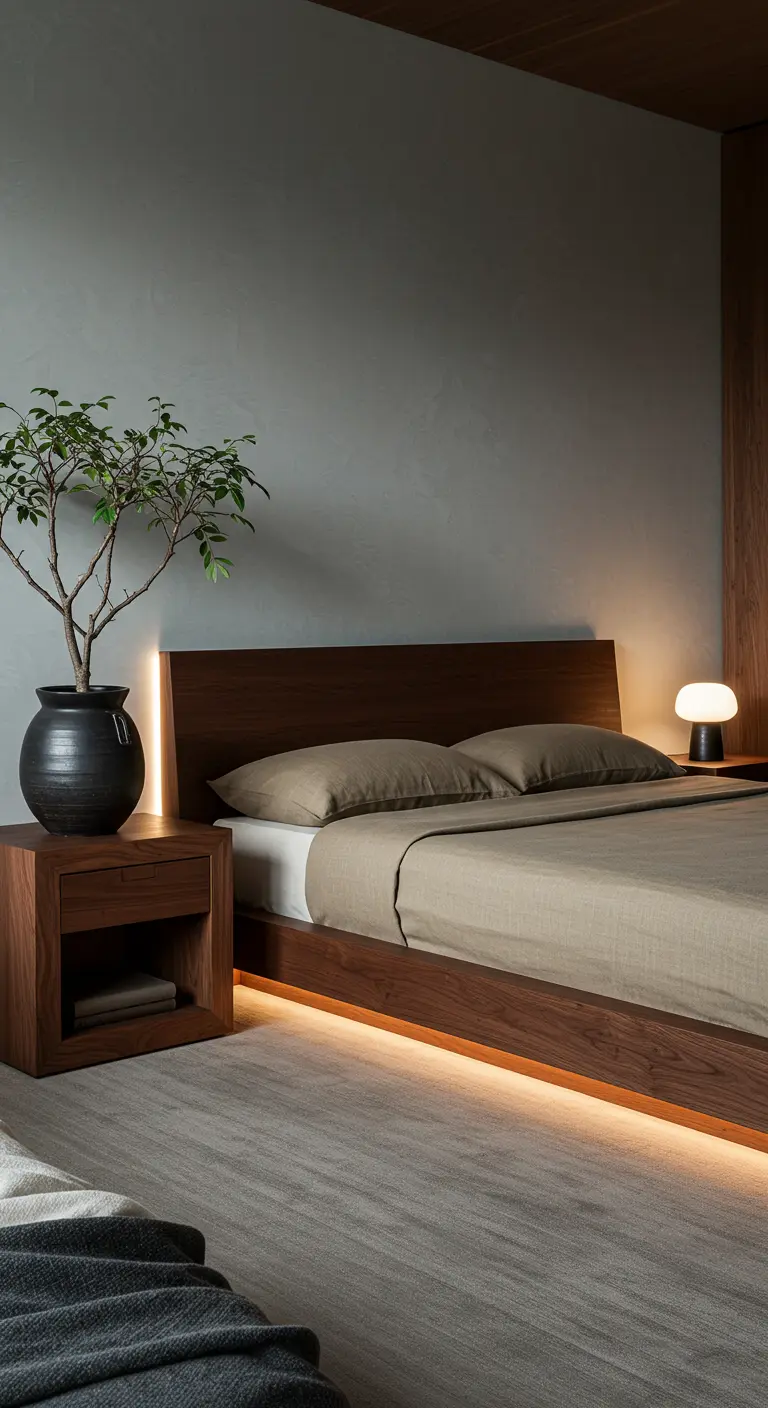 Japandi slaapkamer met donkerhouten laag bed, onderbedverlichting, grijze muur en plant.