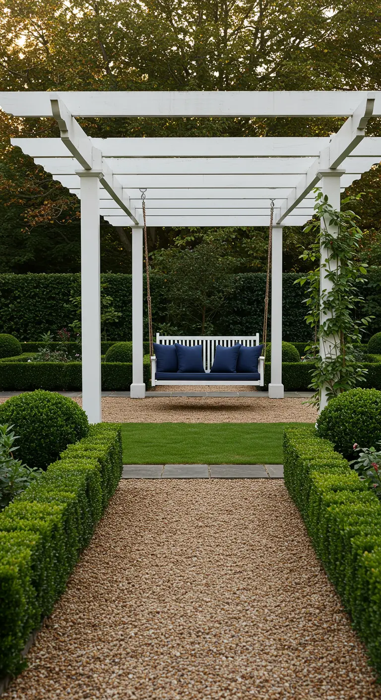 Witte pergola met donkerblauwe schommelbank in formele tuin met grindpad en buxushagen.